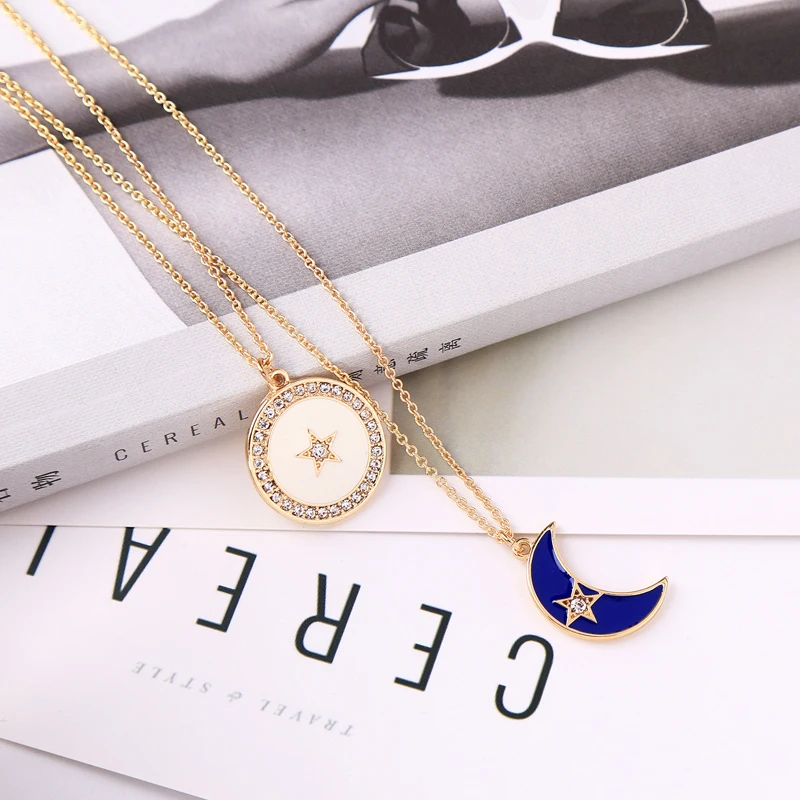 Романтический Творческий два Слои голубой эмалью Moon Хрустальная звезда кулон