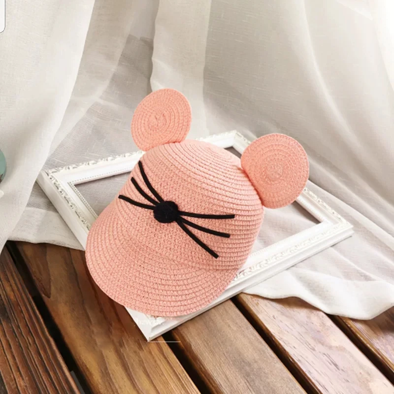 new Summer big ears baby cats hat cute children sunscreen shade sun hat Bucket cap Cartoon image straw hat girl Breathable - Цвет: 6
