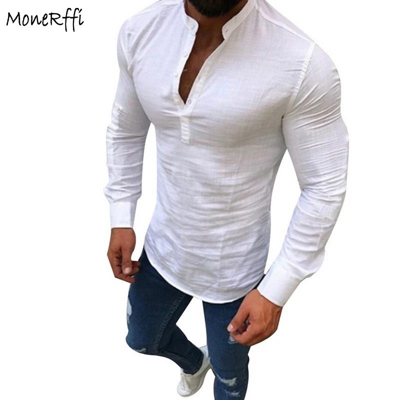 MoneRffi, мужская хлопковая льняная рубашка, мужская рубашка с длинным рукавом, воротник-стойка, тонкие рубашки, Hombre Camisa размера плюс, Осенние льняные рубашки