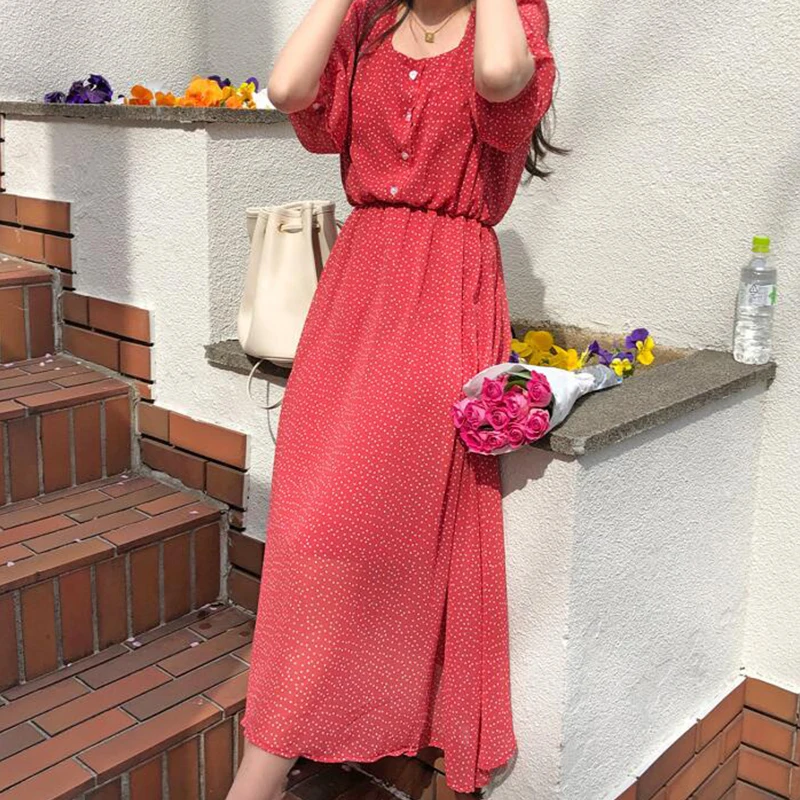 Шифоновое свободное платье в горошек длинное ТРАПЕЦИЕВИДНОЕ ПЛАТЬЕ с пышными