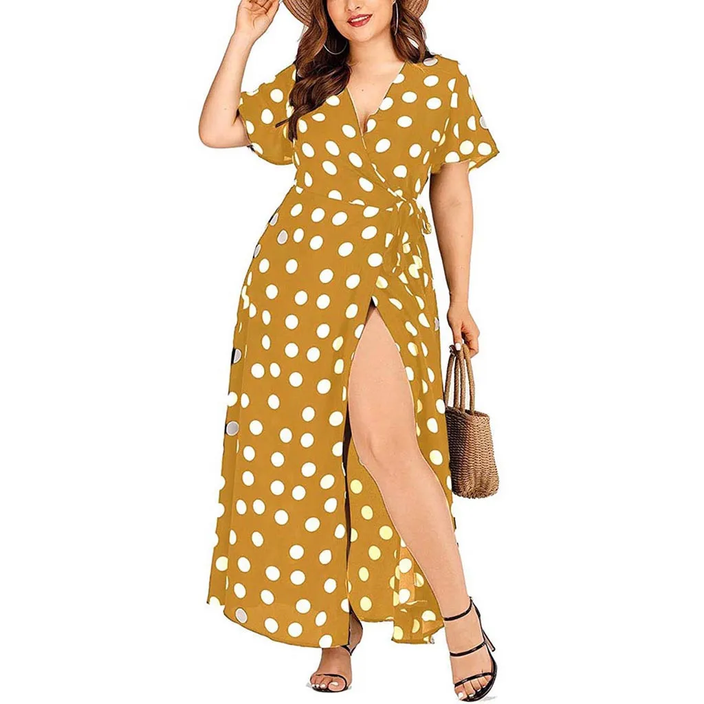 Женское платье в горошек с рюшами размера плюс летнее Бохо широким рукавом