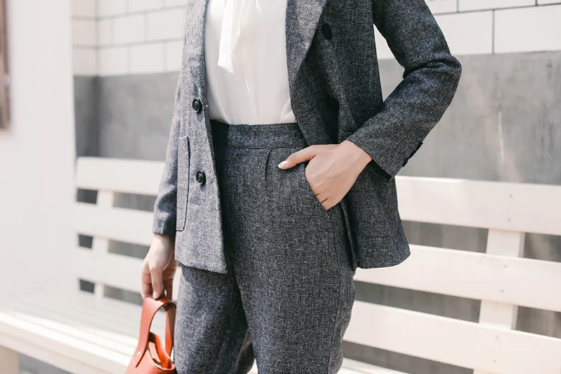 

BGTEEVER Classic Deep Gray Women Pant Suit OL Style 2 Pieces Set Notched Blazer & Pencil Pant Work Suits 2018 Autumn