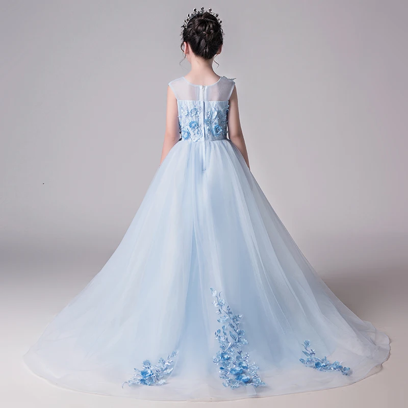 Свадебные платья с длинным шлейфом для девочек Элегантное синее Тюлевое платье