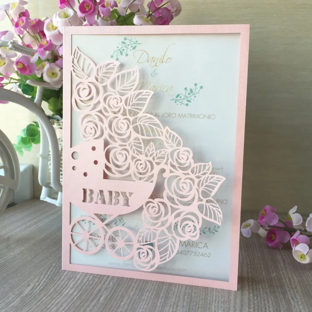 

100pcs/lot Personalized Laser Cut Baby Carriage Flower Pattern Birthday Card Baby Shower Invitations Greeting Gift Card