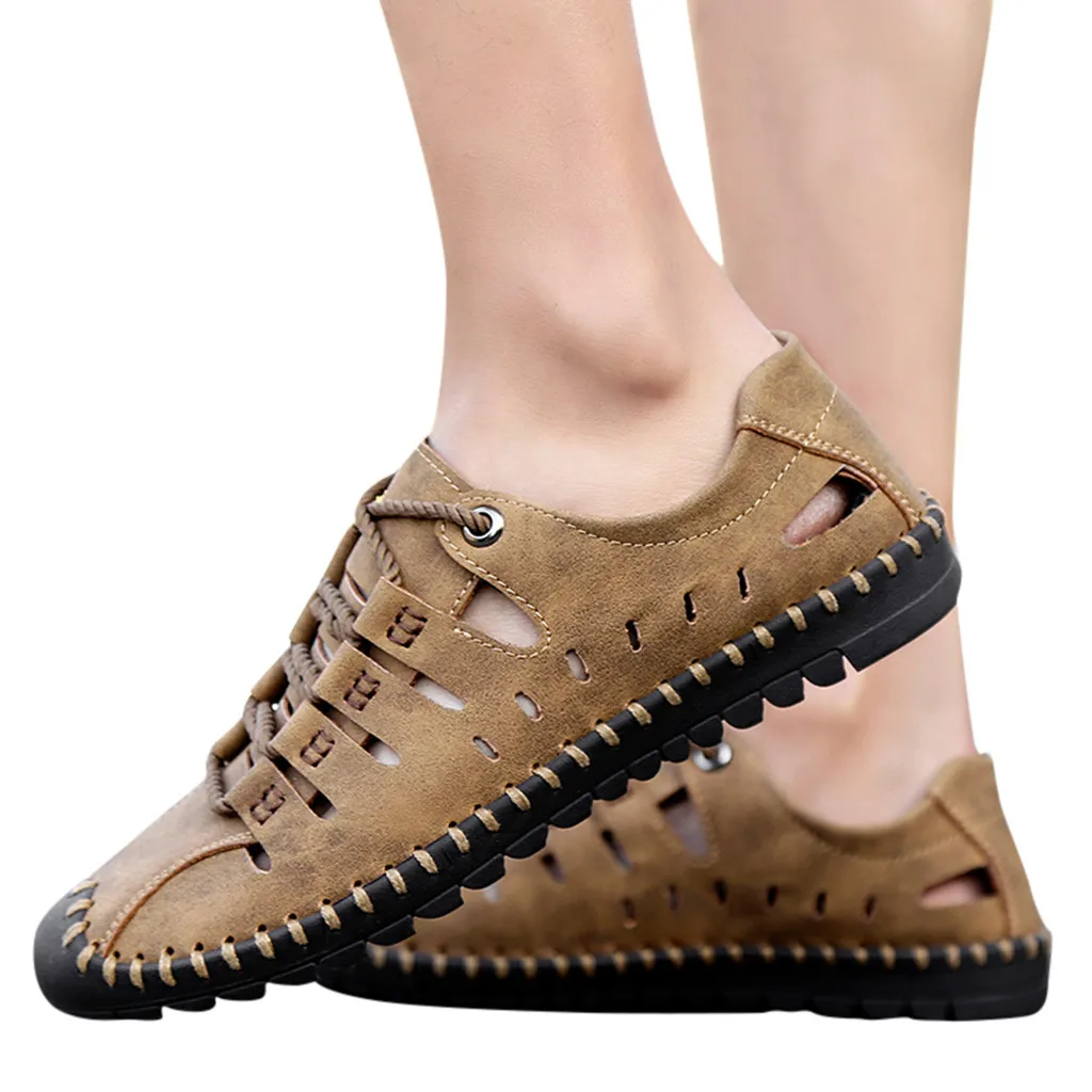 Мужские летние кожаные сандалии Повседневная дышащая пляжная обувь на плоской