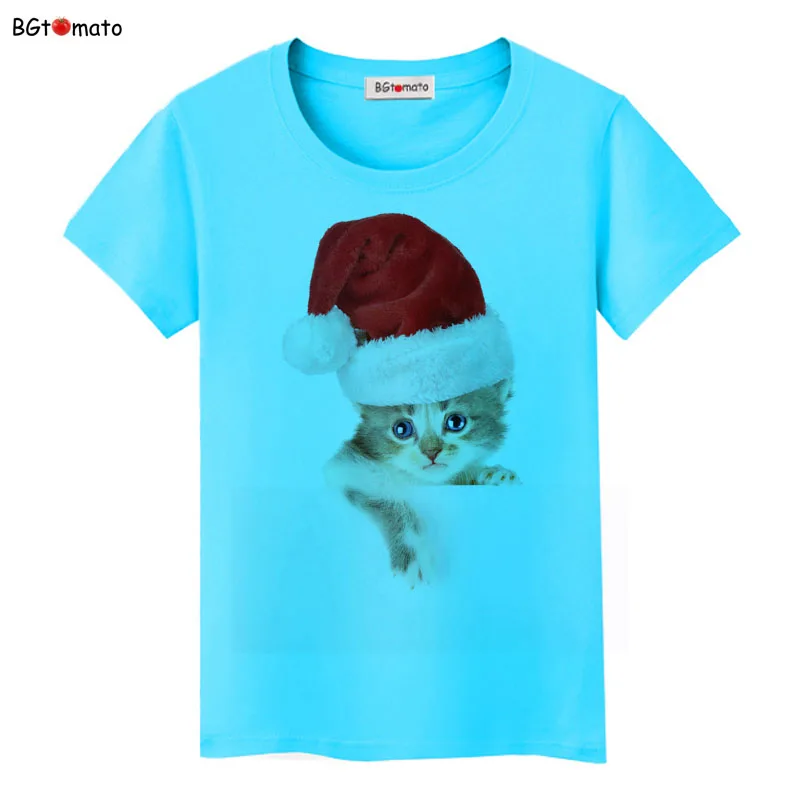 

bgtomato Christmas hat little kitten t shirt women lovely pet summer new cat shirt Good quality brand casual tops cheap sale