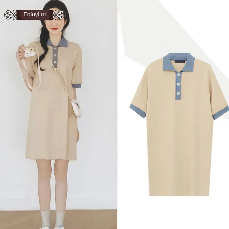 

Summer Mini Dresses Hot Sales Woman Korea Japan Preppy Style Short Sleeve Casual Loose Patchwork Knit Sweater Dress