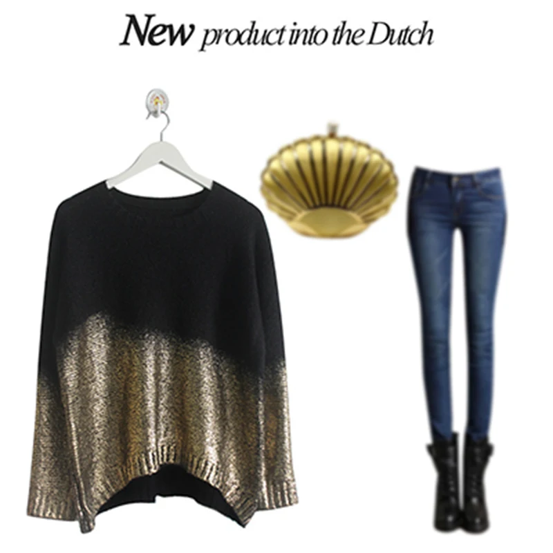 Fashion 2019 Womens Golden Gradient Jumpers Oversized Pullover Ladies Loose Sweater Plus Size Bat-sleeve Blouse Tops Knitwear | Женская