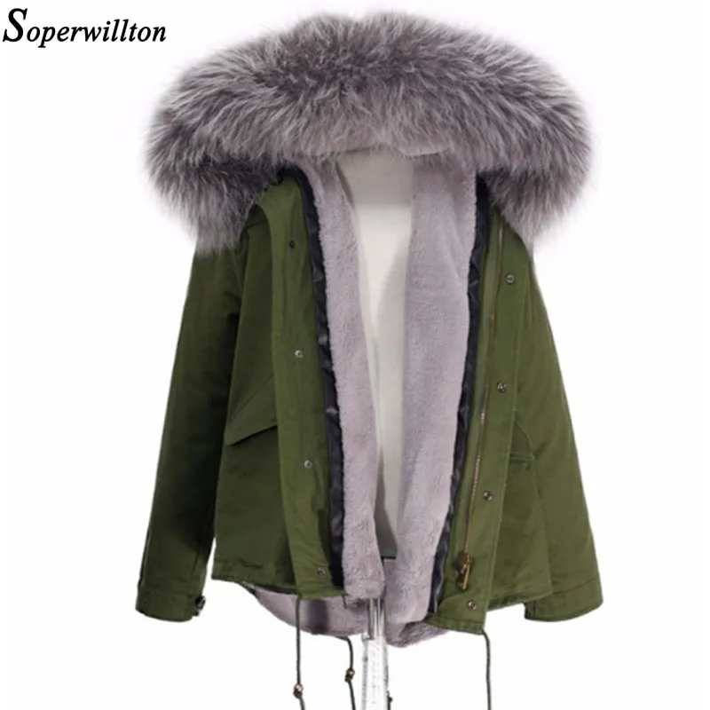 Soperwillton, зимняя куртка для женщин, армейский зеленый цвет, парка для женщин,, натуральный мех енота, с воротником, с капюшоном, пальто для девушек, приталенного размера плюс, S1 - Цвет: grey