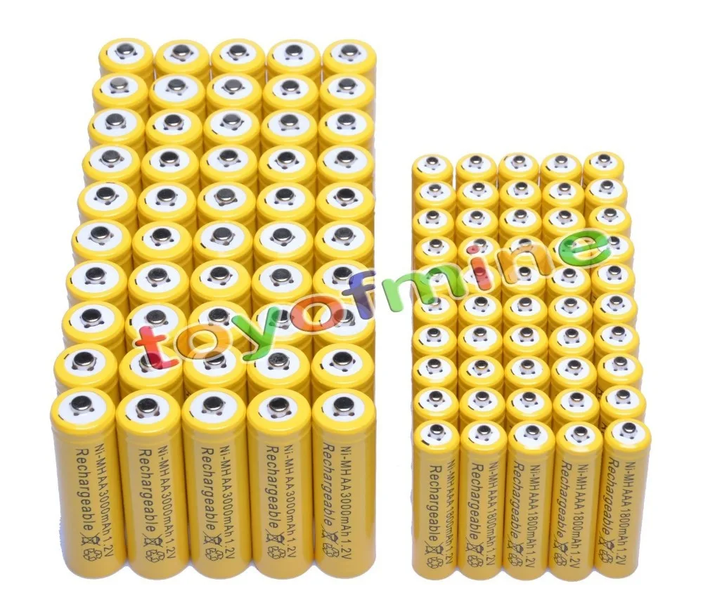 

50x AA 3000mAh + 50x AAA 1800mAh 1.2V NiMH Yellow Rechargeable Battery Cell 2A 3A