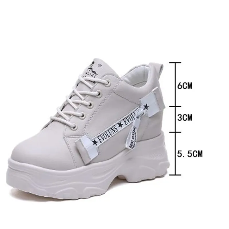 

2020 Autumn PU Leather Shoes Woman Platform Height Increased Sneakers 8.5 CM Thick Sole Wedges White Shoes