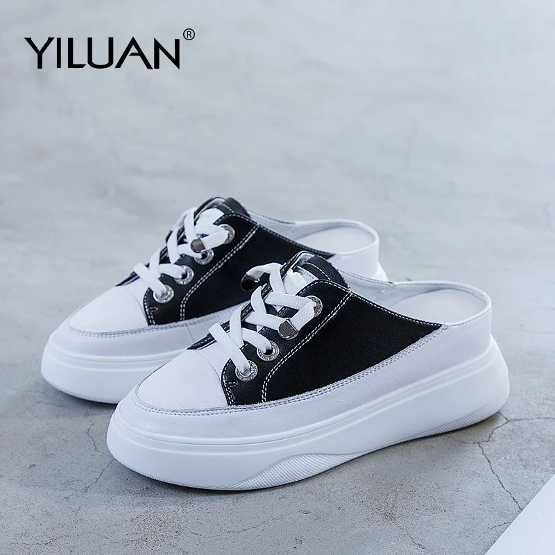 Шлепанцы женские из натуральной кожи летняя Студенческая обувь на платформе