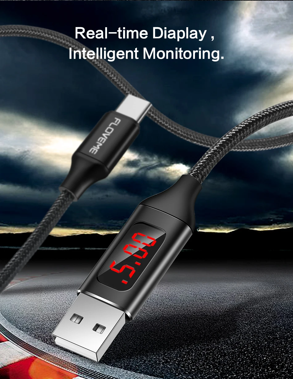 Светодиодный кабель FLOVEME с цифровым разъемом Micro USB type-C, зарядное устройство V/A, кабель для зарядки и передачи данных в оплетке для samsung Xiaomi USB-C