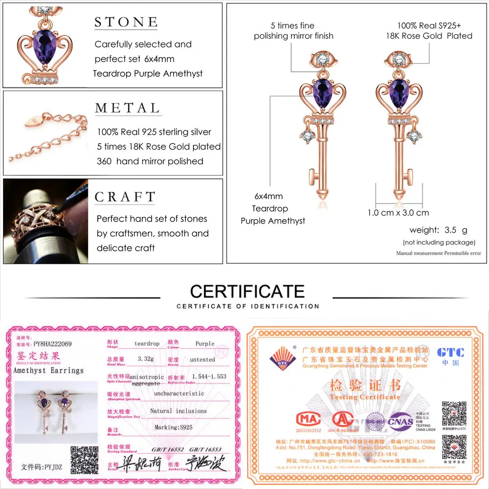 

LAMOON 4PCS Jewelry Sets for Women S925 Sterling Silver Natural Amethyst Gems Keys Crown Fine Jewellery Wedding Gift Set V010-1