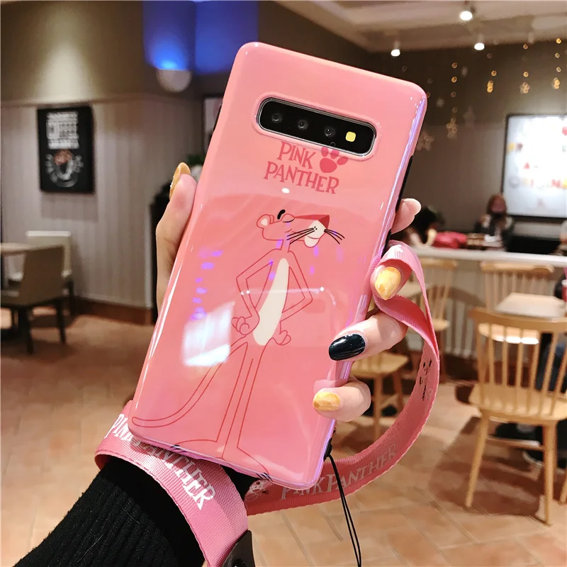 Sam S10 Case Blue Ray cute pink panther Soft back phone Cover for Samsung Galaxy S8 S9 plus Note 9 note8 S7 edge + Strap |