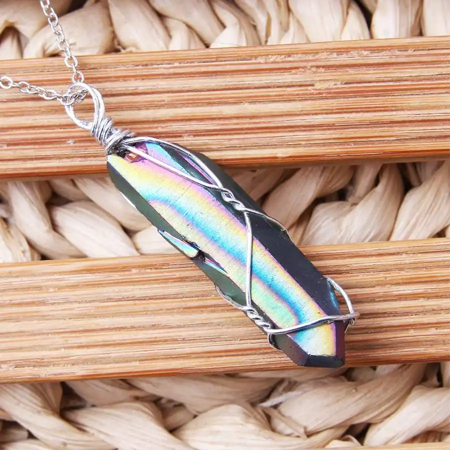 Titanium Quartz Натуральные DIY драгоценные камни прозрачный кристалл флюорит ожерелья и подвески Исцеление неправильный Турмалин желтый фиолетовый розовый кварц маятник - Окраска металла: Titanium Quartz