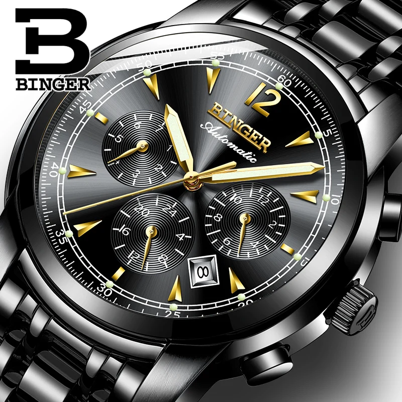 Montre homme Switzerland BINGER модные автоматические часы для мужчин 24 с календарем неделя