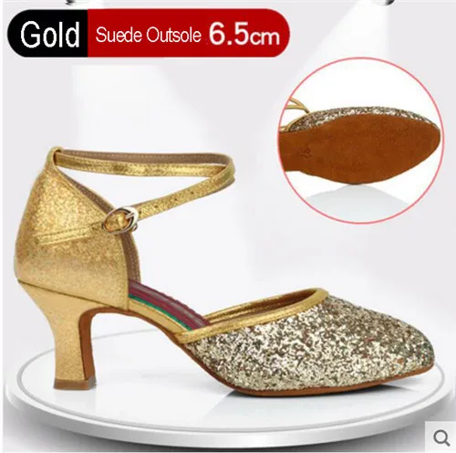 Gold 6.5cm Indoor Бальные, вечерние, современные танцевальные туфли для женщин, девушек, низкий каблук, вальс, танго, танцы, для улицы, закрытый носок, обувь для сальсы - Цвет: Gold 6.5cm Indoor