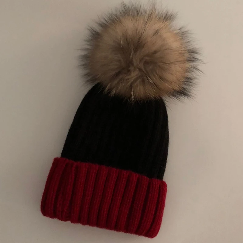 Claret and Black Повседневная Новинка, настоящие помпоны из лисьего меха, 15 см, Skullies Beanies, шапки для детей, зимняя шапка для девочек, одноцветная шерстяная хлопковая шапка Skullies Beanies - Цвет: Claret and Black