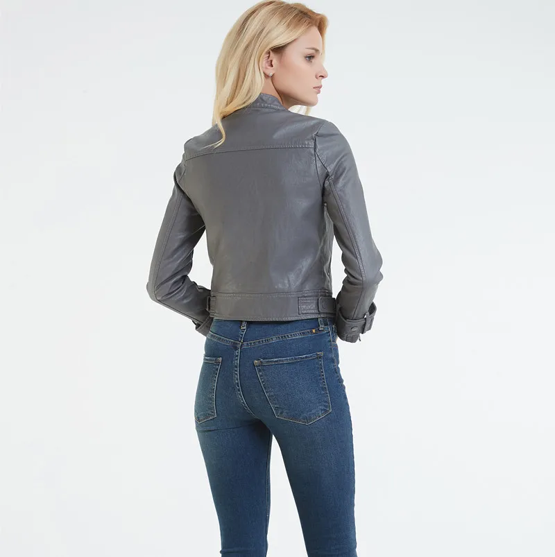 FTLZZ серая черная кожаная куртка женская короткая мотоциклетная из искусственной