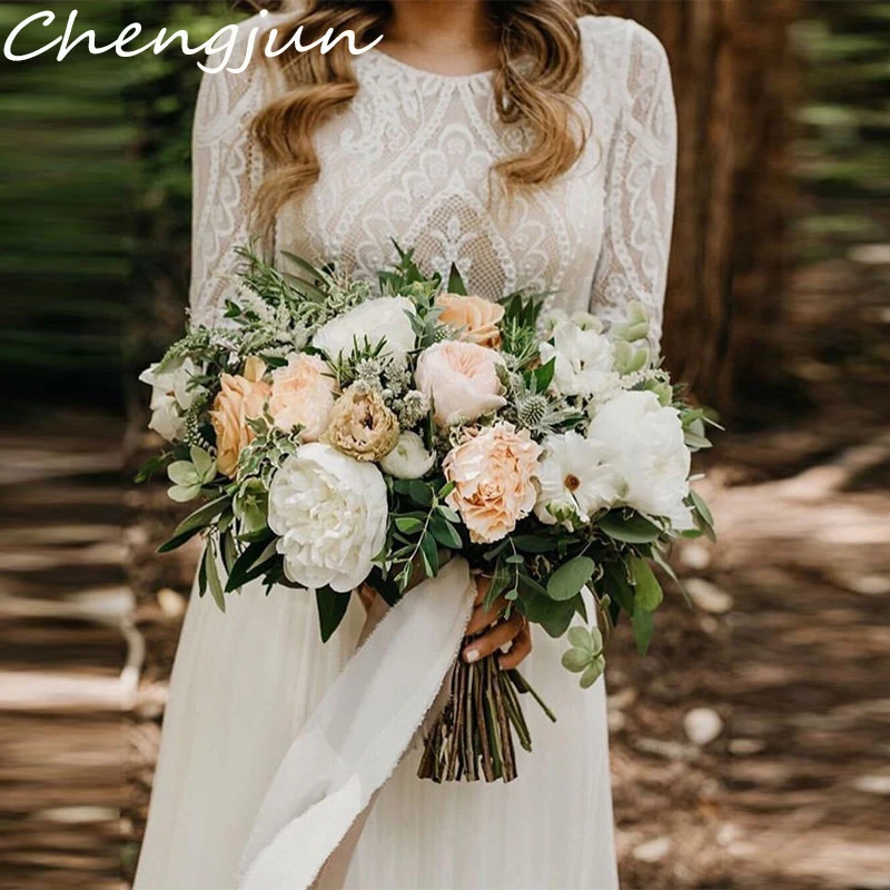 Chengjun Bare Back Long Sleeves Lace Chiffon Beauty Beach Boho Wedding Dress | Свадьбы и торжества