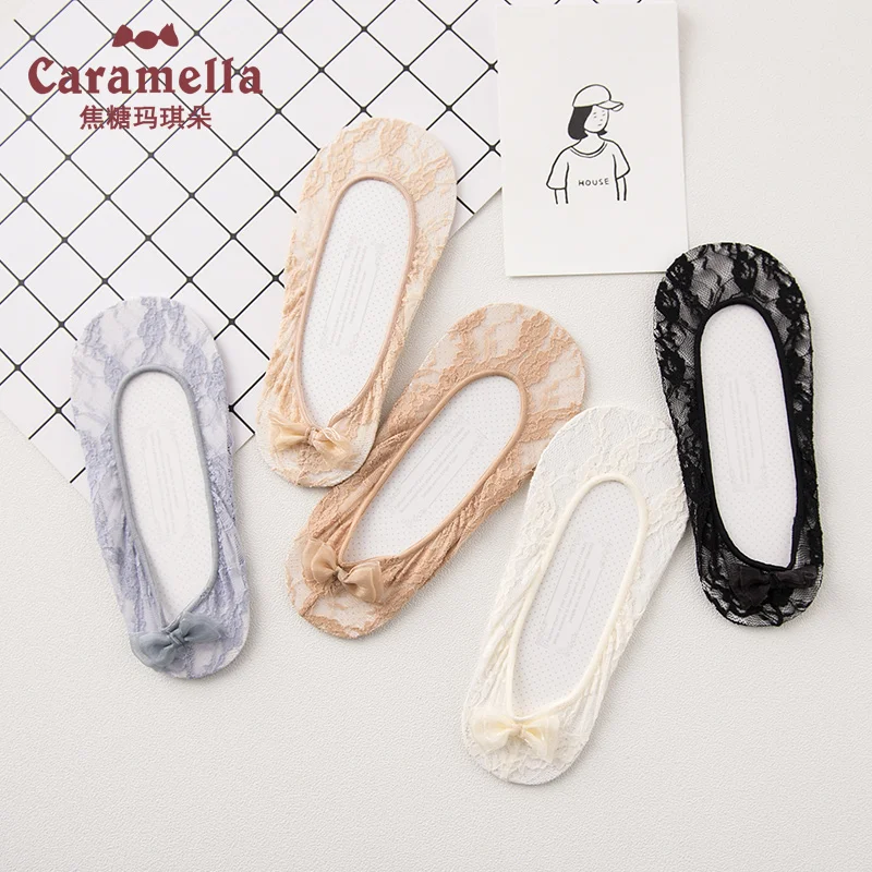 Женские короткие носки с рюшами Caramella кружевные бантиком и сеткой Chaussettes лето 2019