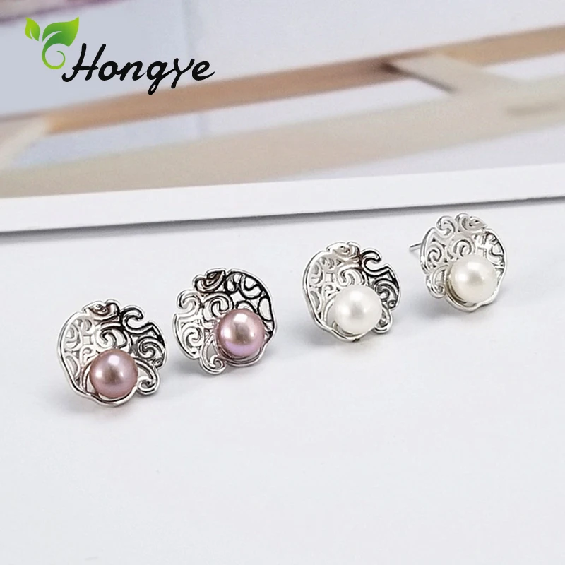 Hongye серьги гвоздики из натурального жемчуга серебро 925 полые Brincos элегантные для