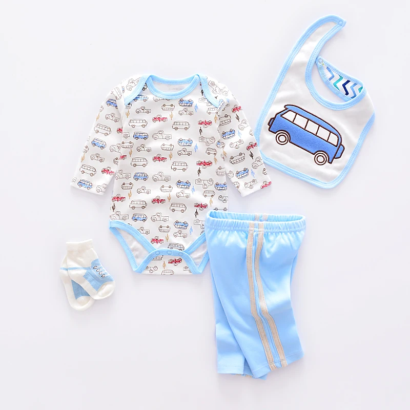 4 шт. Детские хлопковые комбинезоны с длинным рукавом штаны носки и нагрудник|newborn