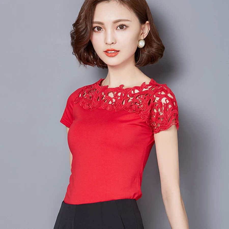 

2019 fashion plus size women's clothing shirt short hollow slim sexy women blouse shirt red solid women tops