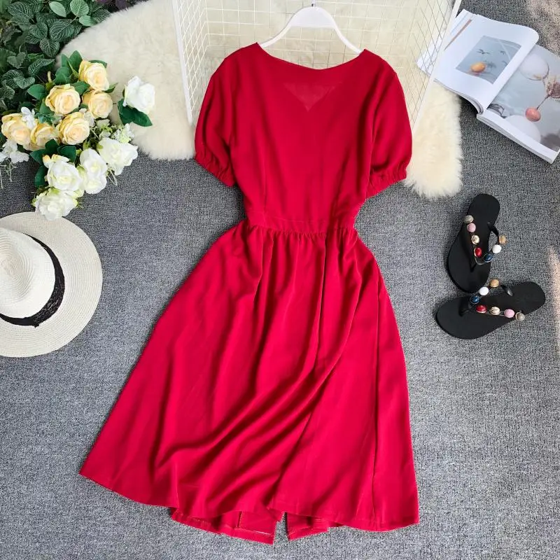 Летнее женское желтое платье с v образным вырезом однобортное высокой талией