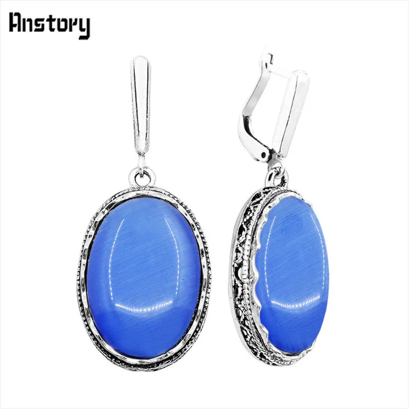 Big Blue Pendant Большой овальный опал Серьги для Для женщин Античная Посеребренная полые цветок подвеска Модные украшения свадебные подарок - Окраска металла: Big Blue Pendant