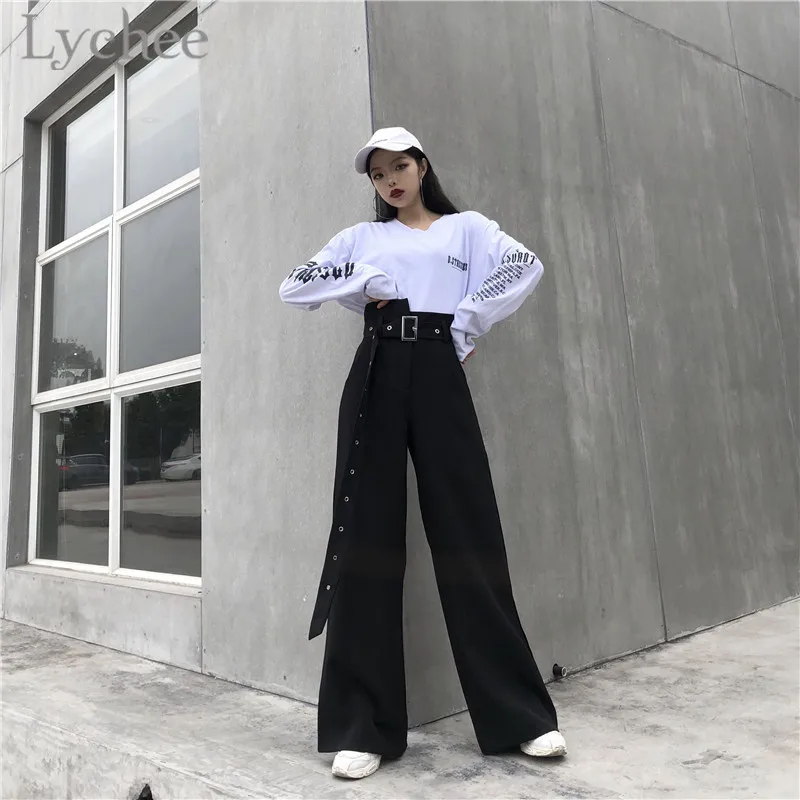 Lychee Harajuku пояс широкие ноги женские Брюки Высокая талия сплошной цвет полная длина брюки весна осень повседневные свободные женские брюки