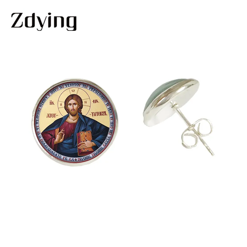 Серьги гвоздики ZDYING Christian religion Jesus стеклянные кабошоны с изображением Иисуса