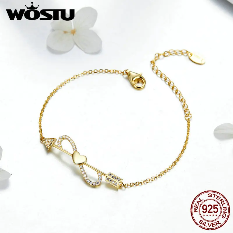 WOSTU хит продаж 100% Стерлинговое Серебро 925 пробы золотой цвет браслеты с бантом для