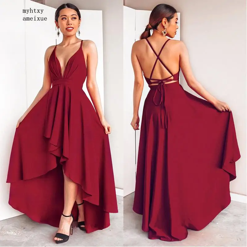

Robe De Soiree Deep V-neck Satin A-line Ladies Evening Dresses High-low 2020 Sexy Backless Customizable Women Evening Gowns