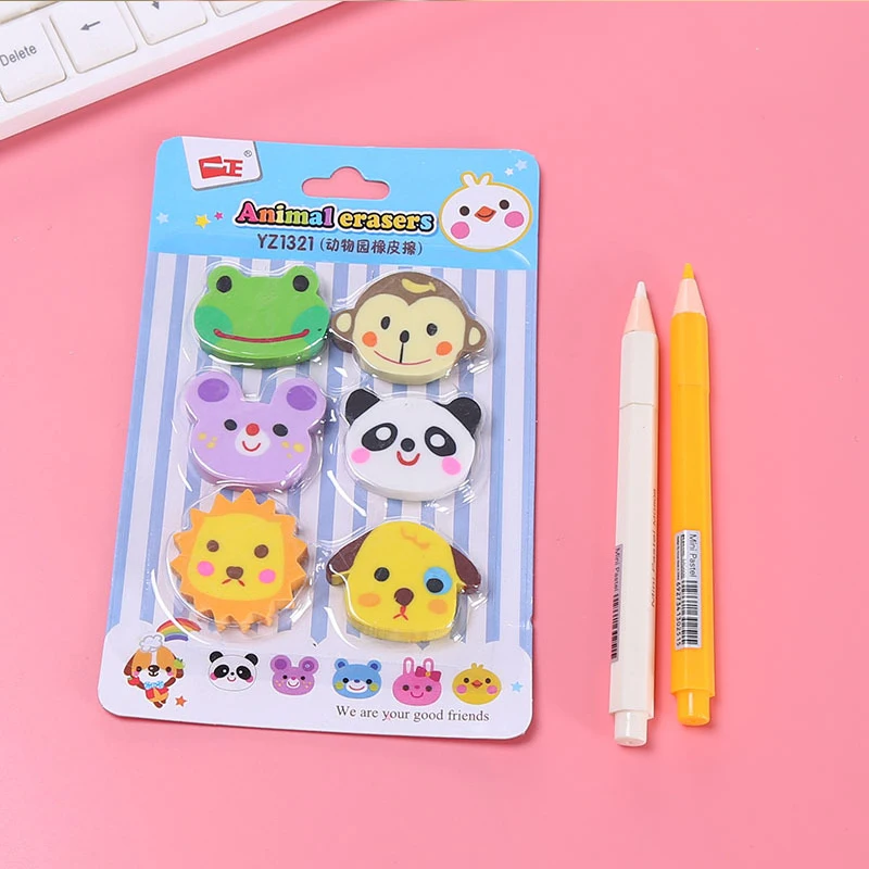 6pcs/lot Animal Head Eraser Cartoon Zoo Primary School Supplies Korean Stationery Cute Children Prize Rubber | Канцтовары для офиса