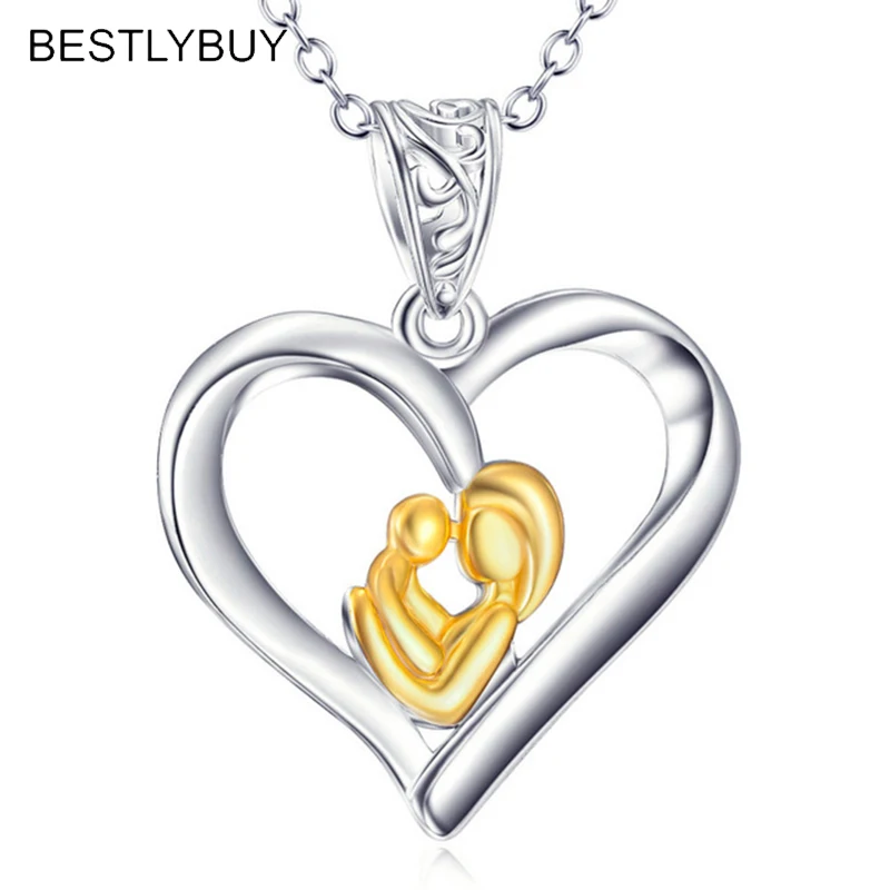 

BESTLYBUY AAA 100% 925 Sterling Silver Heart Necklace Mother and child concentric Necklaces & Pendants Fine Jewelry