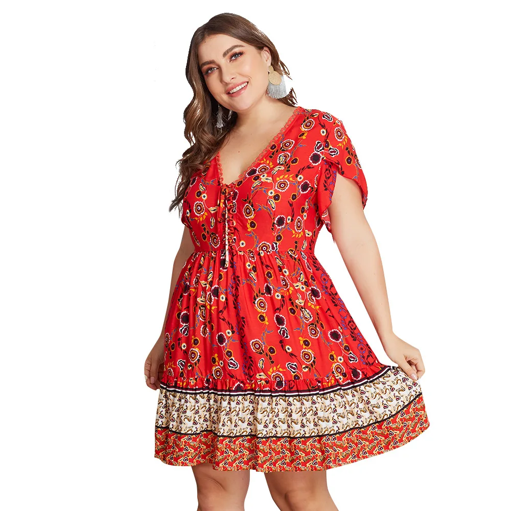 Женское богемное пляжное платье с v-образным вырезом короткое коротким рукавом и
