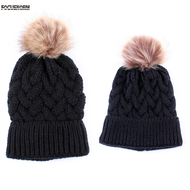 2018 Mother Baby Fashion Women Cap Warm Winter Beanie Fur Pom Hat Crochet Ski Ball cotton Toddler Knitted Beanies | Детская одежда и