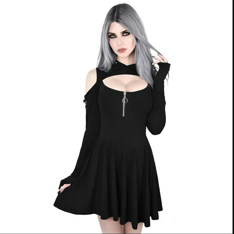Женское платье с капюшоном Goth черное Плиссированное мини открытыми плечами