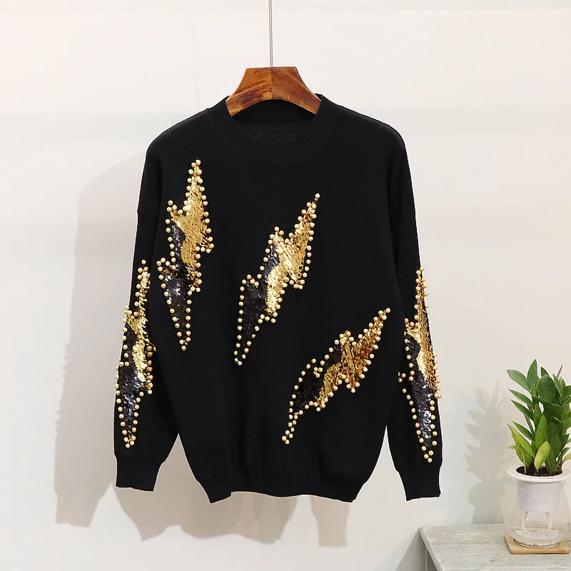 Для женщин ручной работы блестками бисер узор вязаный свитер + брюки 2 шт. костюмы