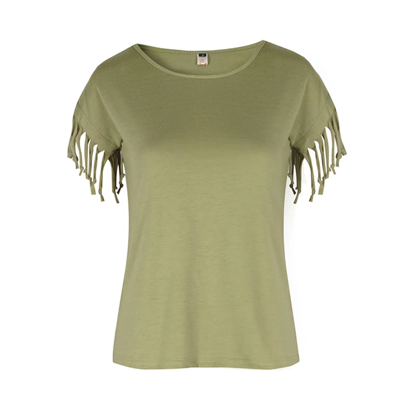 Женская блузка с кисточками повседневная однотонная коротким рукавом и круглым