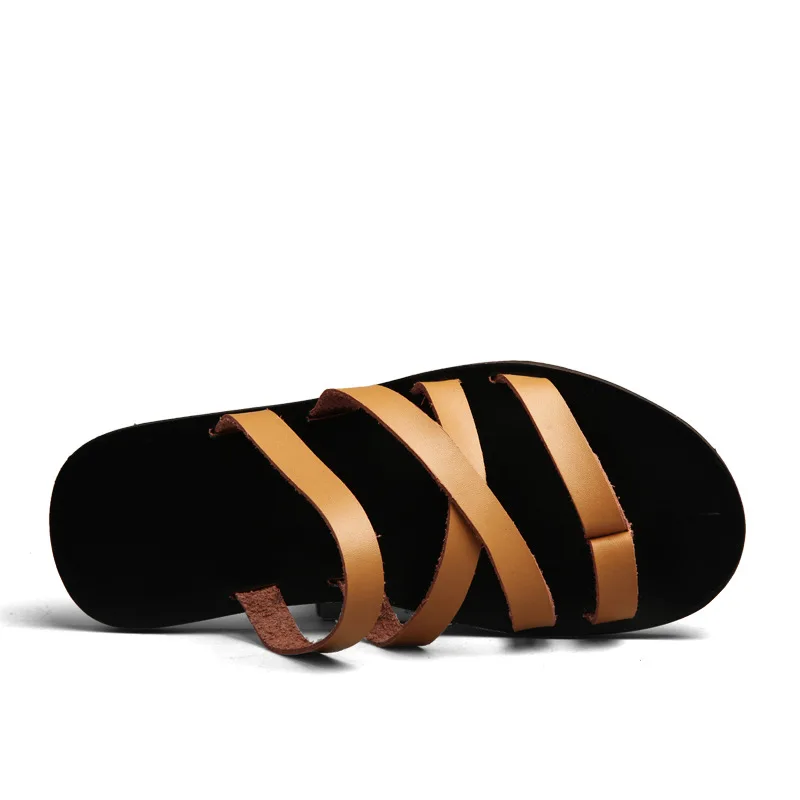 

Flat With Beach Fashion Outside Men's Slippers Leisure Concise Genuine Leather Summer Flip Flops Sewing Solid Men Shoes