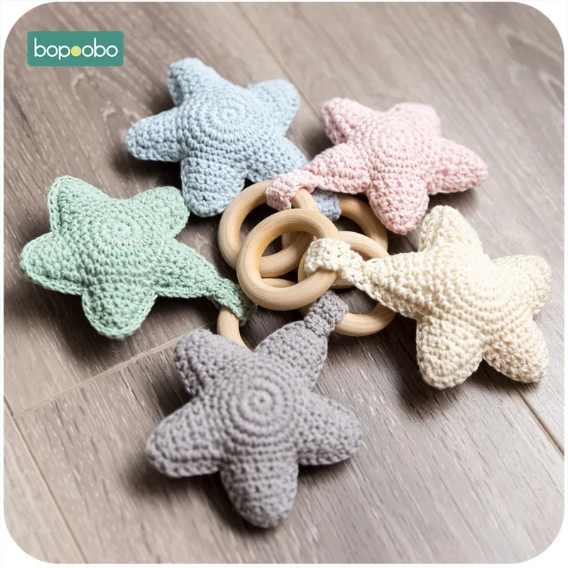Bopobo, 5 шт., детские деревянные кольца, яркие цвета, звездочки, прорезыватели для зубов 0-12 месяцев, детские игрушки, можно жевать бусины, Колокольчик для ребенка, коляска, подарки