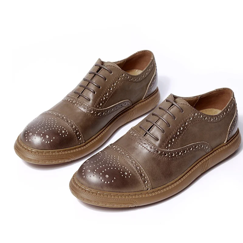 High-end Mens Retro Brogue Shoes Genuine Leather Round Toe Lace Up Craved Oxfords British Style Chukkas Men | Обувь