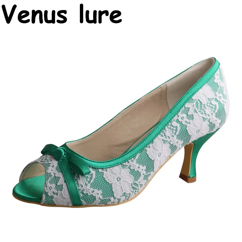 

Womens Pumps Heels for Party Green Satin White Lace Bridesmaid Shoes Peep Toe