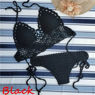 Black set Ручной работы крючком кружева вязать бюстгальтер купальники пляж пуш-ап бикини набор Холтер Cami Tank Crop Top - Цвет: Black set