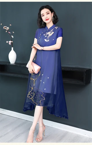 as pic Повседневное шелковое платье Vestidos с цветочной вышивкой для женщин размера плюс офисные женские облегающие вечерние платья со стоячим воротником - Цвет: as pic