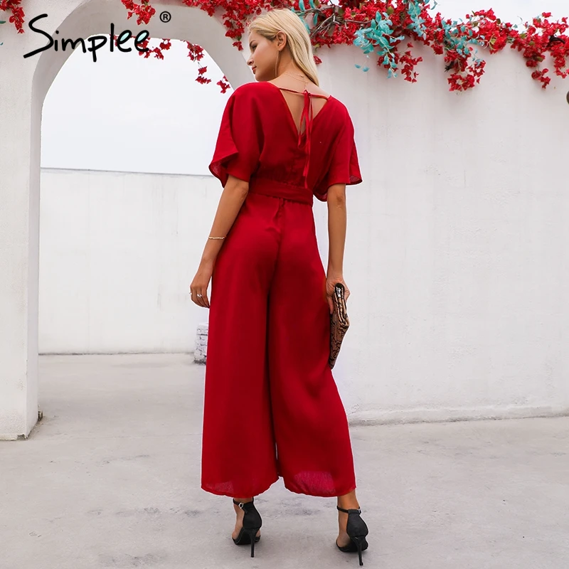 Simplee Red ruffle sleeve jumpsuit women sexy deep v neck spring 2019 Elegant sash wide leg elegant streetwear | Женская одежда