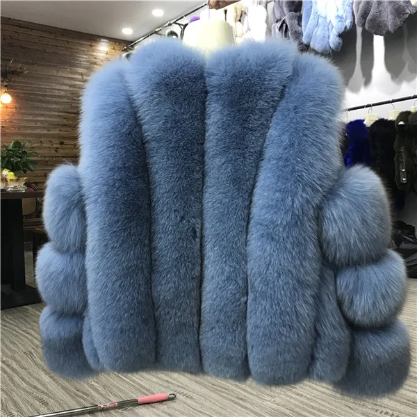 Blue Женское теплое пальто из натурального Лисьего меха короткая тонкая зимняя куртка из натурального меха Новая модная верхняя одежда роскошное пальто из натурального Лисьего меха - Цвет: Blue